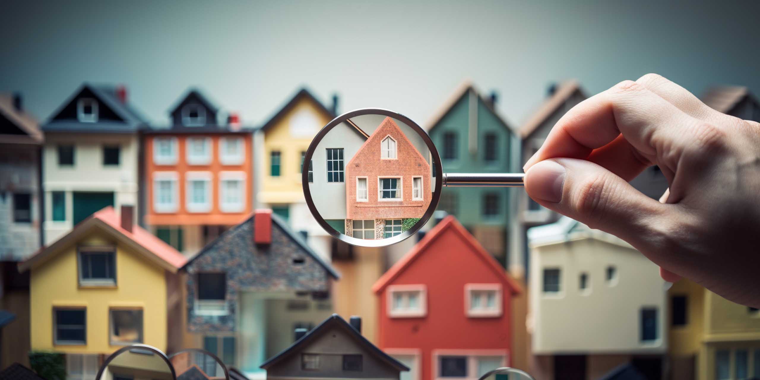 Modellhaus wird mit einer Lupe vergrößert, um darzustellen, dass man es für eine Immobilienbewertung genau prüfen muss