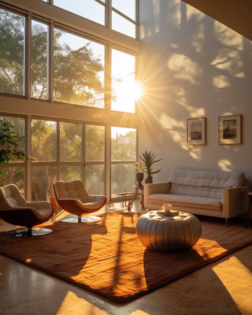 Sonnenlicht scheint durch Fenster in ein Wohnzimmer