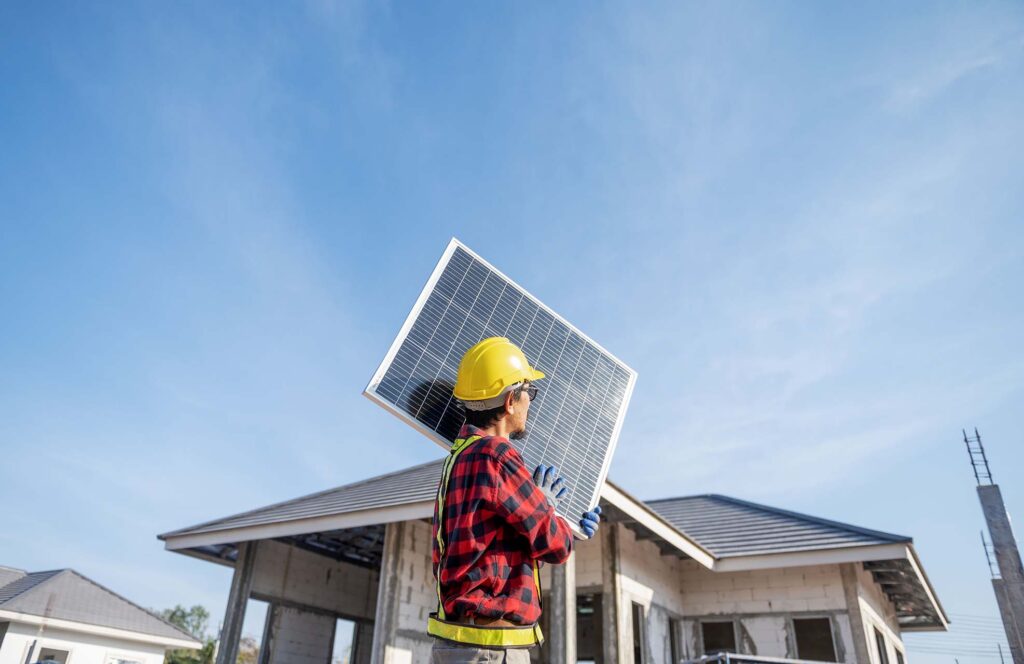 Ein Bauarbeiter trägt auf einer Baustelle ein Solarpaneel