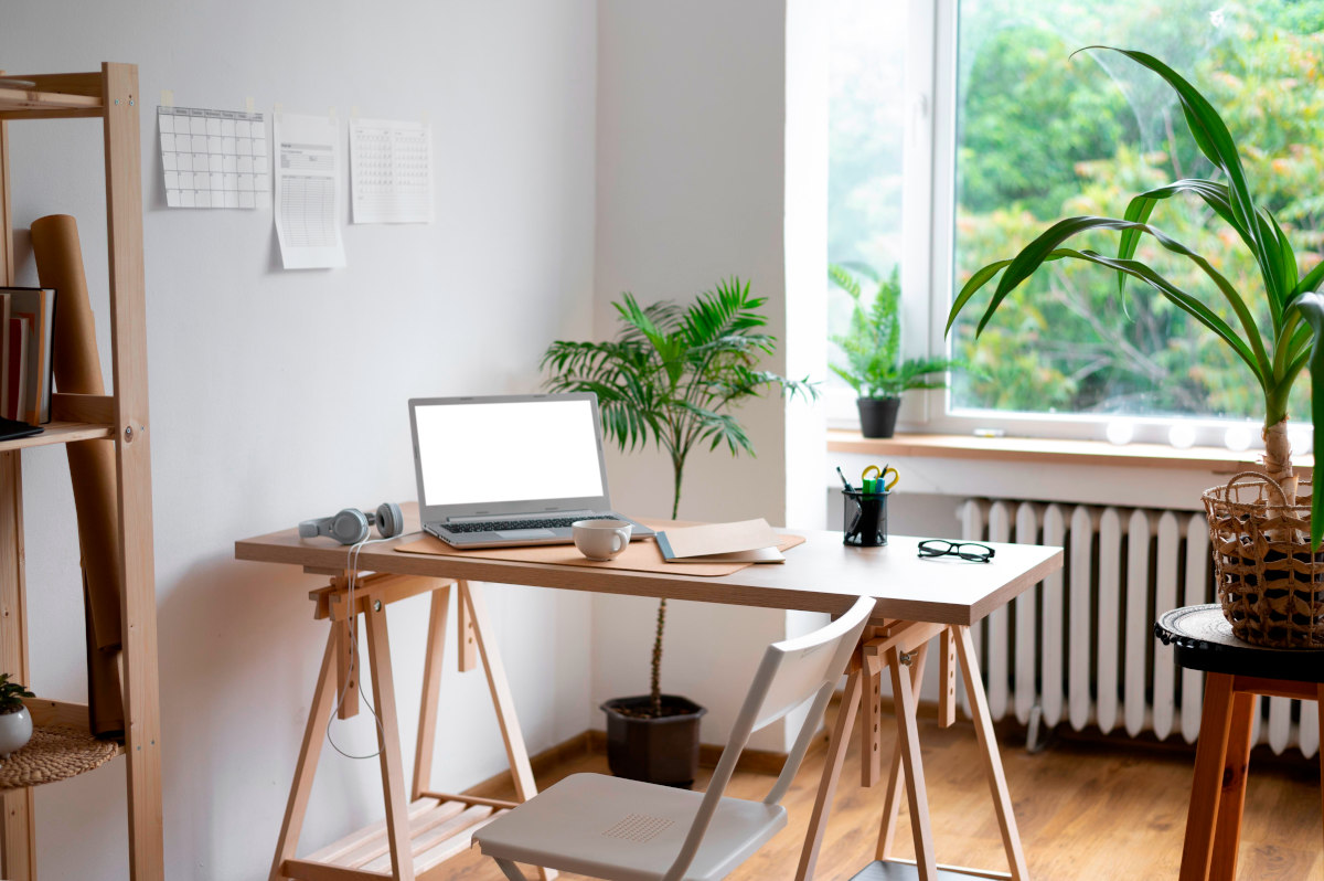 Ein helles Homeoffice mit großem Fenster