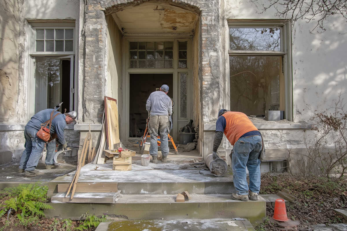 Handwerker restaurieren die Fassade eines Altbaus