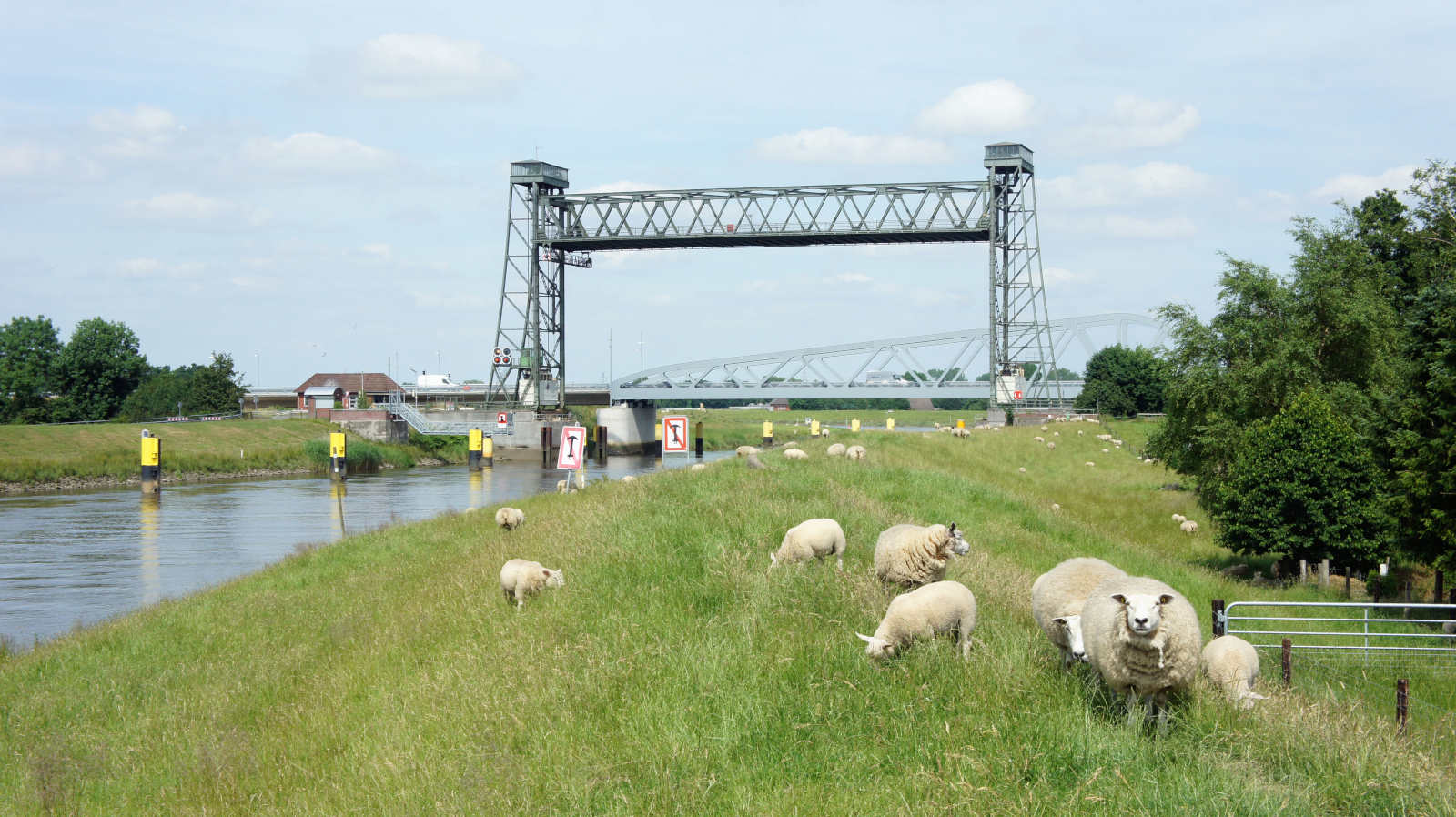 Brücke über die Hunte in der Wesermarsch, auf einem Deich stehen Schafe